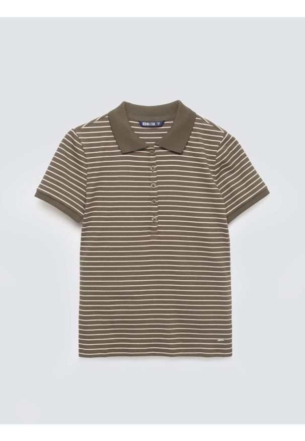 Big-Star - Koszulka damska polo w paski khaki Rellma 303. Typ kołnierza: polo. Kolor: zielony. Materiał: dzianina, włókno, materiał, prążkowany, bawełna. Wzór: paski. Styl: militarny, elegancki, klasyczny