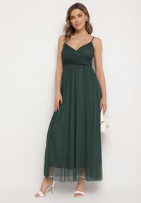 Born2be - Ciemnozielona Sukienka Koktajlowa z Tiulową Siateczką Devinae. Okazja: na imprezę, na co dzień. Typ kołnierza: dekolt w kształcie V. Kolor: zielony. Materiał: tiul. Długość rękawa: na ramiączkach. Sezon: lato. Styl: wizytowy #3