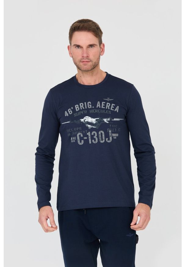 Aeronautica Militare - AERONAUTICA MILITARE Granatowy męski bawełniany longsleeve 46th Air Brigade, Rozmiar XXL. Kolor: niebieski. Materiał: bawełna. Długość rękawa: długi rękaw