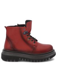 Czerwone Botki Artiker Solidne Obuwie Damskie. Okazja: na co dzień, na spacer. Zapięcie: sznurówki. Kolor: czerwony. Materiał: skóra. Styl: casual #6