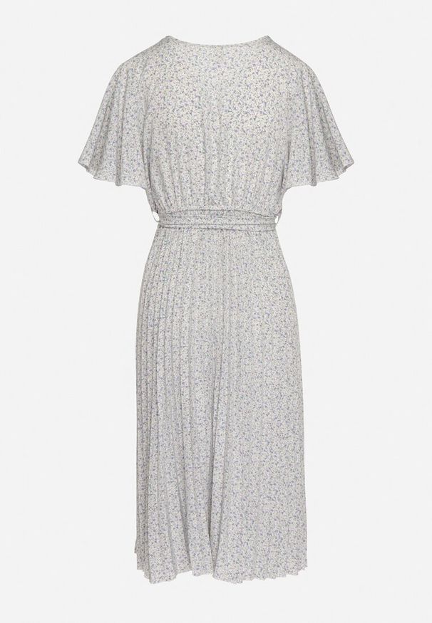 Born2be - Beżowo-Fioletowa Rozkloszowana Sukienka z Gumką w Pasie i Materiałowym Paskiem Prissa. Okazja: na co dzień. Typ kołnierza: dekolt w kształcie V. Kolor: beżowy. Materiał: materiał. Długość rękawa: krótki rękaw. Styl: casual, elegancki