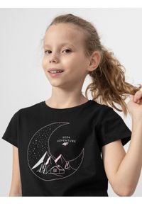 4f - T-shirt z nadrukiem dziewczęcy. Kolor: czarny. Materiał: bawełna, dzianina. Wzór: nadruk #2