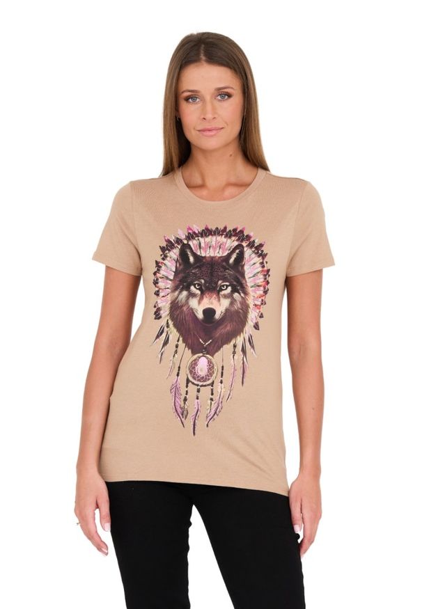 Guess - GUESS Brązowy damski t-shirt bawełniany z wilkiem, Rozmiar S. Kolor: brązowy. Materiał: bawełna. Wzór: nadruk