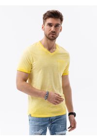 Ombre Clothing - T-shirt męski z kieszonką - żółty melanż V5 S1388 - XXL. Kolor: żółty. Materiał: jeans, bawełna. Wzór: melanż #3