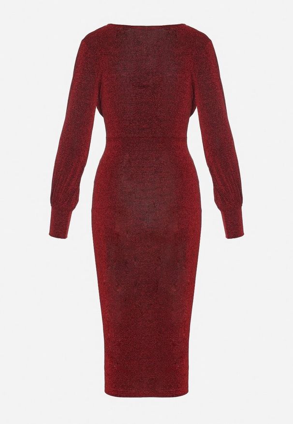 Born2be - Czerwona Dopasowana Sukienka z Kopertowym Dekoltem i Bufiastymi Rękawami Ulonissa. Kolor: czerwony. Materiał: tkanina. Typ sukienki: kopertowe. Styl: klasyczny