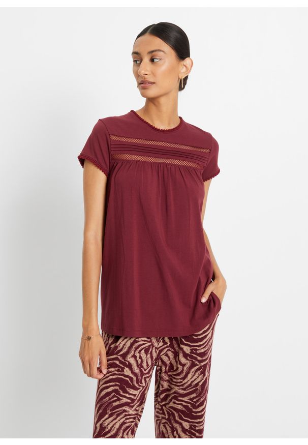 bonprix - Shirt bawełniany z koronką. Kolor: czerwony. Materiał: bawełna, koronka. Długość rękawa: krótki rękaw. Długość: krótkie. Wzór: koronka