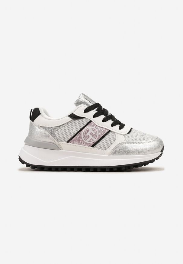 Born2be - Srebrne Sneakersy z Siateczką i Zdobieniem z Brokatem Vilista. Kolor: srebrny. Wzór: aplikacja