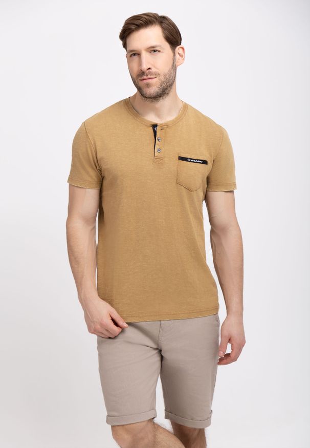 Volcano - Koszulka z rozpinanym dekoltem T-APY. Okazja: na co dzień. Typ kołnierza: polo, typu henley. Materiał: bawełna, włókno, materiał. Długość rękawa: krótki rękaw. Długość: krótkie. Styl: klasyczny, casual