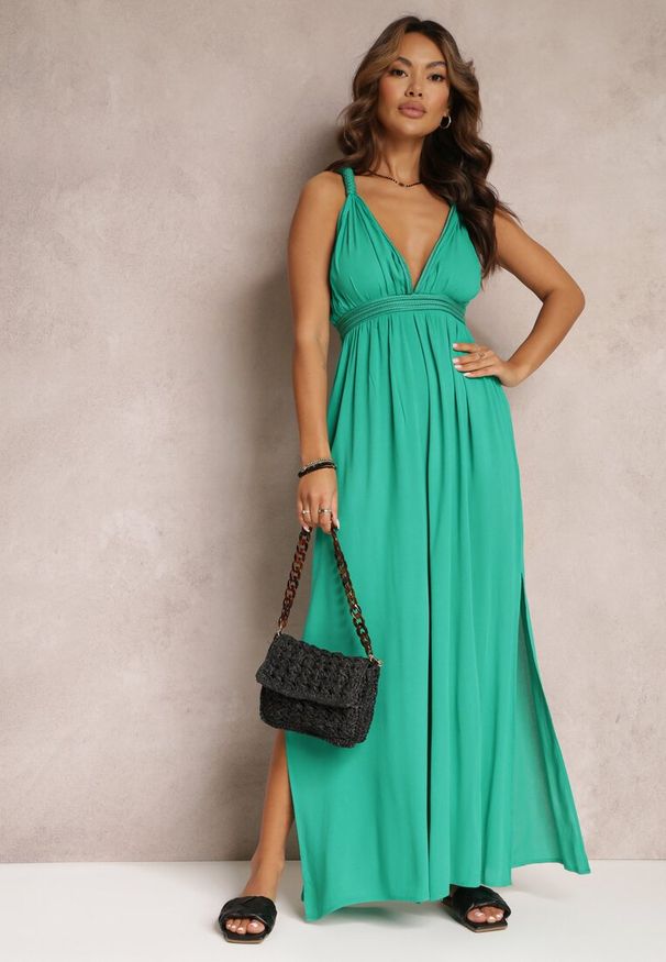 Renee - Zielony Kombinezon bez Rękawów z Gumką w Talii z Wiskozy i Lnu Nehir. Kolor: zielony. Materiał: len, wiskoza. Długość rękawa: bez rękawów. Wzór: aplikacja. Sezon: wiosna, lato