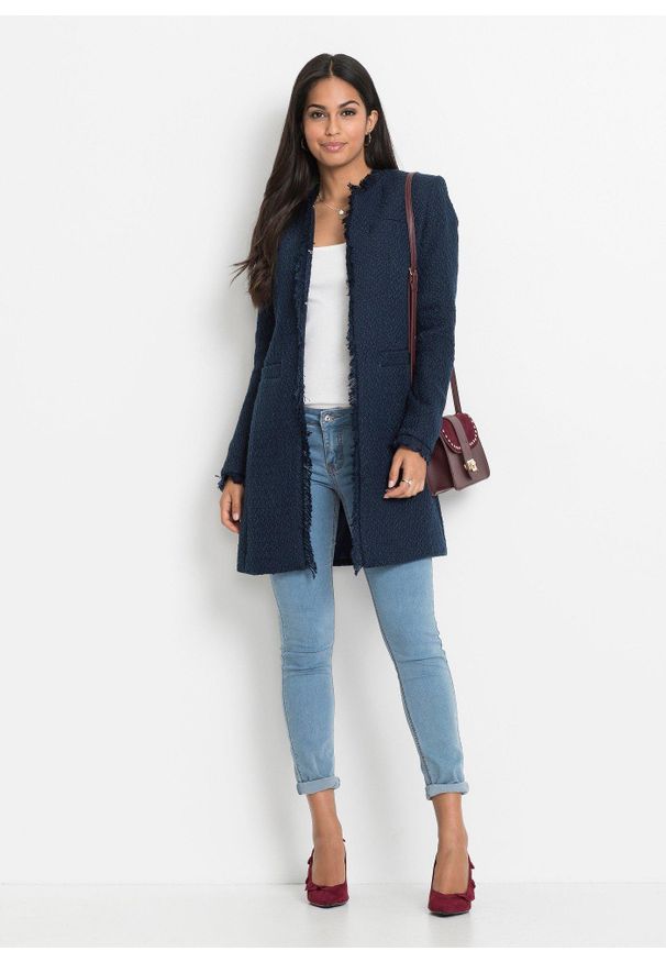 bonprix - Długi żakiet z przędzy bouclé. Kolor: niebieski. Długość: długie