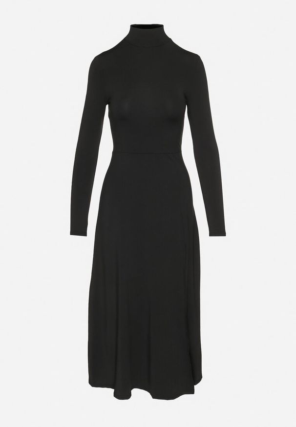 Born2be - Czarna Sukienka z Półgolfem Taliowana z Rozcięciem na Boku Sailea. Okazja: na co dzień. Kolor: czarny. Długość rękawa: długi rękaw. Styl: casual, elegancki, klasyczny