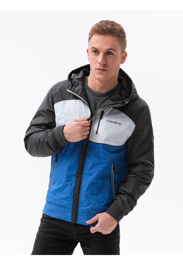 Niebieska kurtka Ombre Clothing z kapturem, na wiosnę