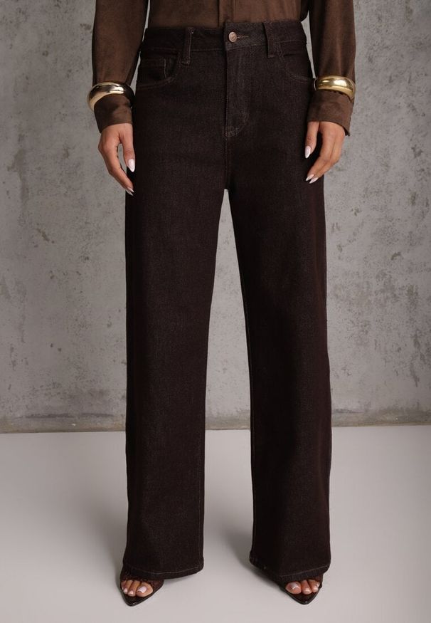 Renee - Brązowe Jeansy High Waist Szerokie z Bawełną Azile. Okazja: na co dzień. Stan: podwyższony. Kolor: brązowy. Styl: casual, klasyczny