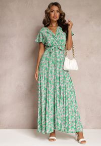 Renee - Zielona Plisowana Sukienka Maxi w Kwiatki z Gumką w Talii Ikama. Kolor: zielony. Materiał: materiał. Wzór: kwiaty. Długość: maxi #4
