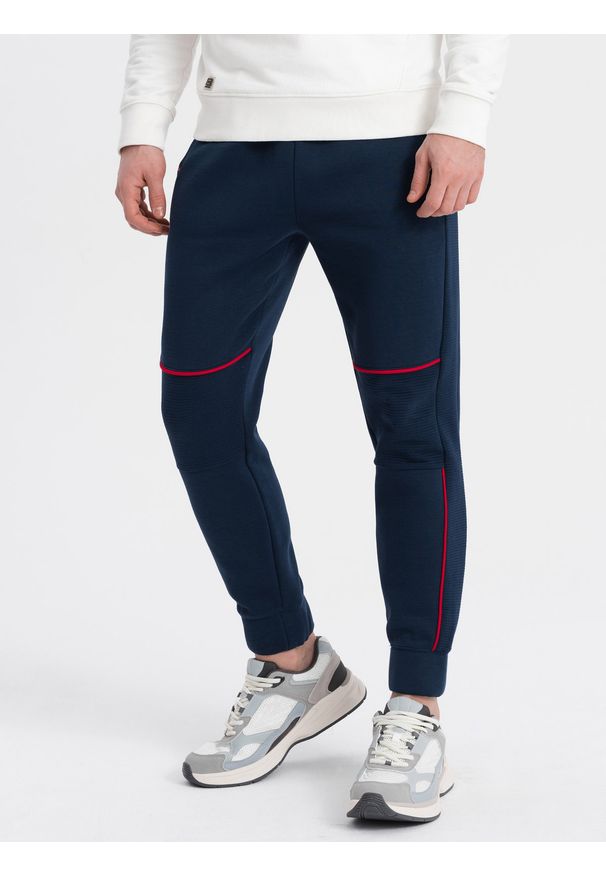 Ombre Clothing - Spodnie męskie dresowe z kontrastowymi przeszyciami - granatowe V4 - Rozmiar: L. Kolor: niebieski. Materiał: dresówka