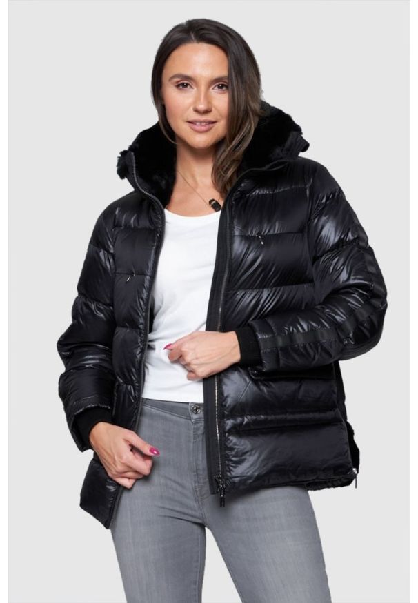 DIEGO M Czarna damska kurtka puchowa z futrem królika, Rozmiar 34 EU - 38 IT. Kolor: czarny. Materiał: futro, puch