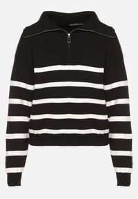 Born2be - Czarno-Biały Golf Sweter Zapinany na Suwak w Paski Sakine. Typ kołnierza: golf. Kolor: czarny. Wzór: paski #4