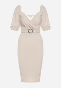 Born2be - Beżowa Sukienka Dopasowana z Paskiem i Klamrą w Talii oraz Bufiastymi Rękawami Lurdia. Okazja: na ślub cywilny, na wesele. Kolor: beżowy. Wzór: aplikacja. Styl: elegancki #2