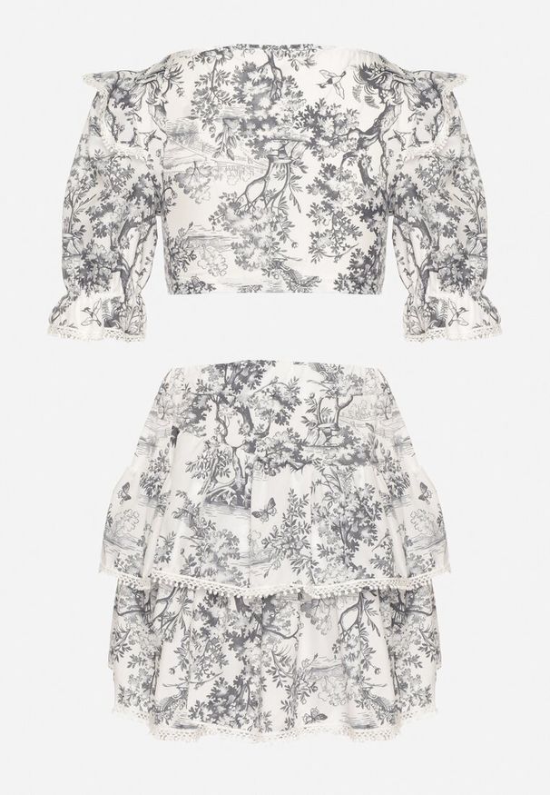 Born2be - Biało-Czarny Komplet Spódnica z Falbanami i Bluzka z Wiązaniem Halenea. Kolor: biały