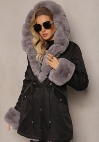 Renee - Czarno-Szara Kurtka Parka z Paskiem w Talii i Kapturem z Futerkiem Hizontia. Okazja: na spacer. Typ kołnierza: golf. Kolor: czarny. Materiał: futro #2