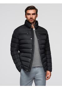 Ombre Clothing - Pikowana kurtka męska ze stójką i zamkami na klatce piersiowej – czarna V1 - Rozmiar: XL. Okazja: na co dzień. Typ kołnierza: kołnierzyk stójkowy. Kolor: czarny. Materiał: poliester, materiał. Styl: sportowy, casual, elegancki