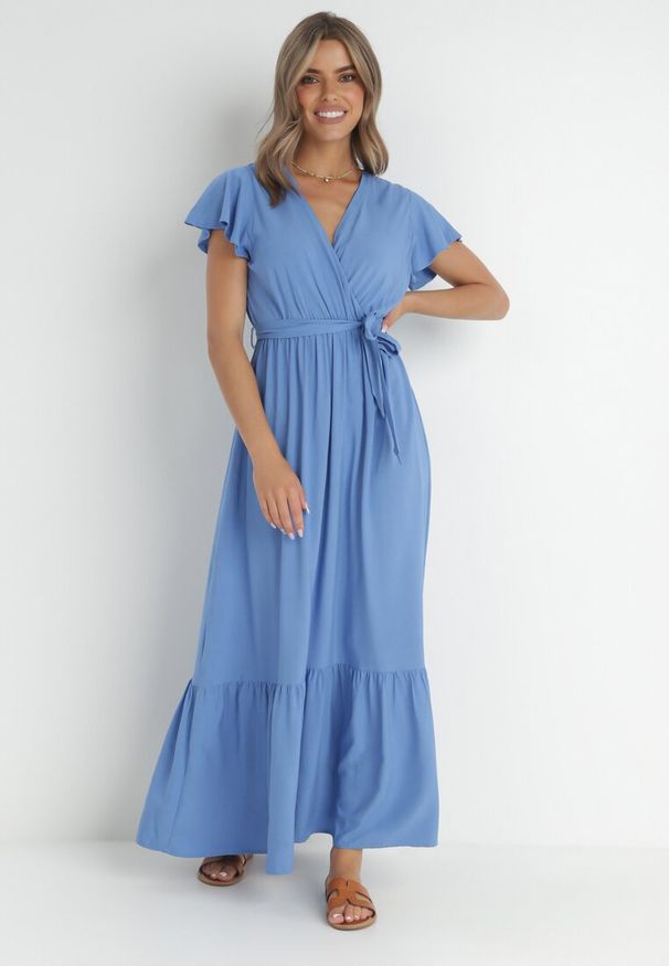 Born2be - Niebieska Sukienka Diomeira. Kolor: niebieski. Materiał: tkanina. Wzór: gładki, jednolity. Typ sukienki: kopertowe. Styl: klasyczny, elegancki. Długość: maxi