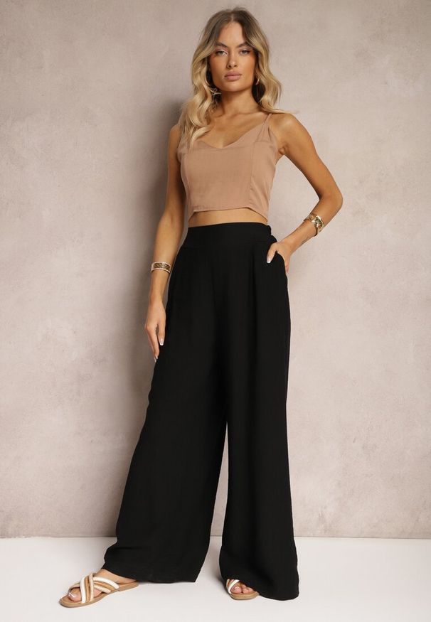 Renee - Czarne Szerokie Spodnie z Wiskozy High Waist z Gumką w Talii Timasha. Stan: podwyższony. Kolor: czarny. Materiał: wiskoza. Sezon: lato