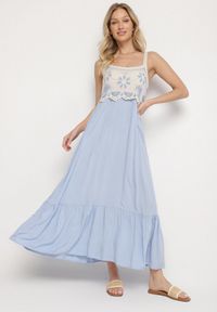 Born2be - Niebieska Wiskozowa Sukienka z Haftowanym Wzorem Rinavella. Okazja: na co dzień. Kolor: niebieski. Materiał: wiskoza. Długość rękawa: na ramiączkach. Wzór: haft. Styl: casual, klasyczny #5