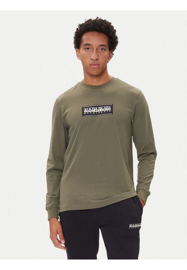 Napapijri Longsleeve S-Box Logo NP0A4I3M Khaki Regular Fit. Kolor: brązowy. Materiał: bawełna. Długość rękawa: długi rękaw