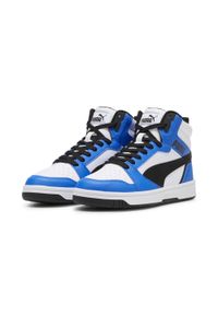 Puma - Młodzieżowe sneakersy Rebound V6 Mid PUMA White Black Racing Blue. Kolor: czarny, niebieski, wielokolorowy, biały. Sport: turystyka piesza, koszykówka