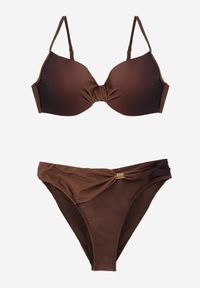 Born2be - Brązowe Bikini Biustonosz i Figi z Ozdobnym Marszczeniem i Aplikacją Periete. Kolor: brązowy. Wzór: aplikacja #5