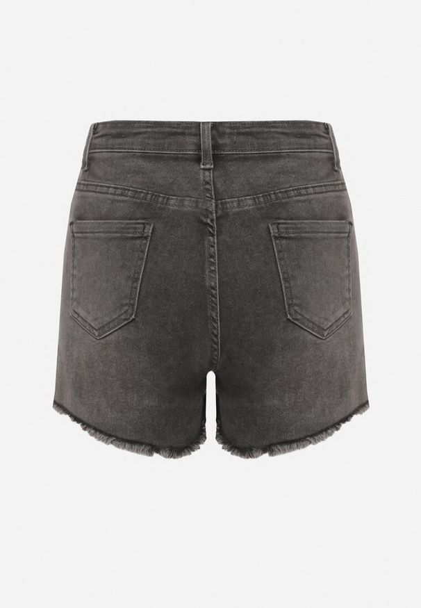 Born2be - Ciemnoszare Szorty Jeansowe z Wysokim Stanem i Przetarciami Vimarinae. Okazja: na co dzień. Stan: podwyższony. Kolor: szary. Materiał: jeans. Styl: casual, klasyczny
