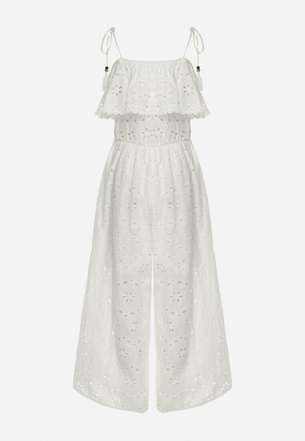 Born2be - Biały Kombinezon na Ramiączkach z Haftowanym Wzorem i Falbanką Elinva. Kolor: biały. Materiał: tkanina. Długość rękawa: na ramiączkach. Wzór: haft