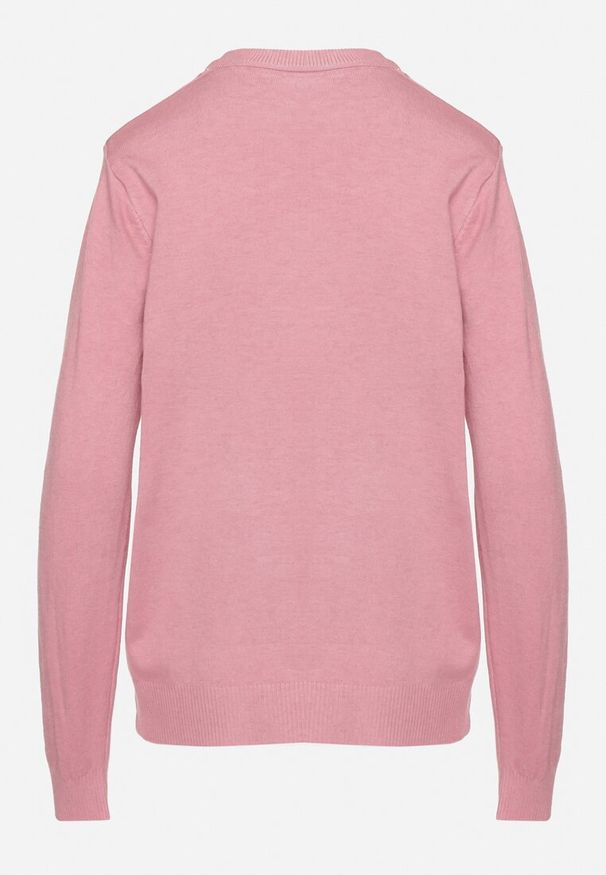 Born2be - Różowy Sweter z Bawełną Ozdobiony Cyrkoniami Irinaelle. Okazja: na co dzień. Kolor: różowy. Materiał: bawełna. Wzór: aplikacja. Styl: klasyczny, elegancki, casual