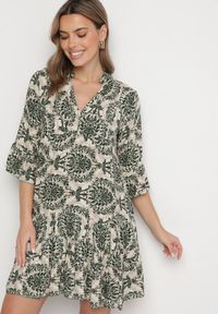 Born2be - Ciemnozielona Rozkloszowana Sukienka z Bawełny z Falbanami w Ornamentalny Wzór Lanoreth. Okazja: na spacer, na co dzień. Typ kołnierza: dekolt w serek. Kolor: zielony. Materiał: bawełna. Typ sukienki: rozkloszowane, proste. Styl: casual, klasyczny #7