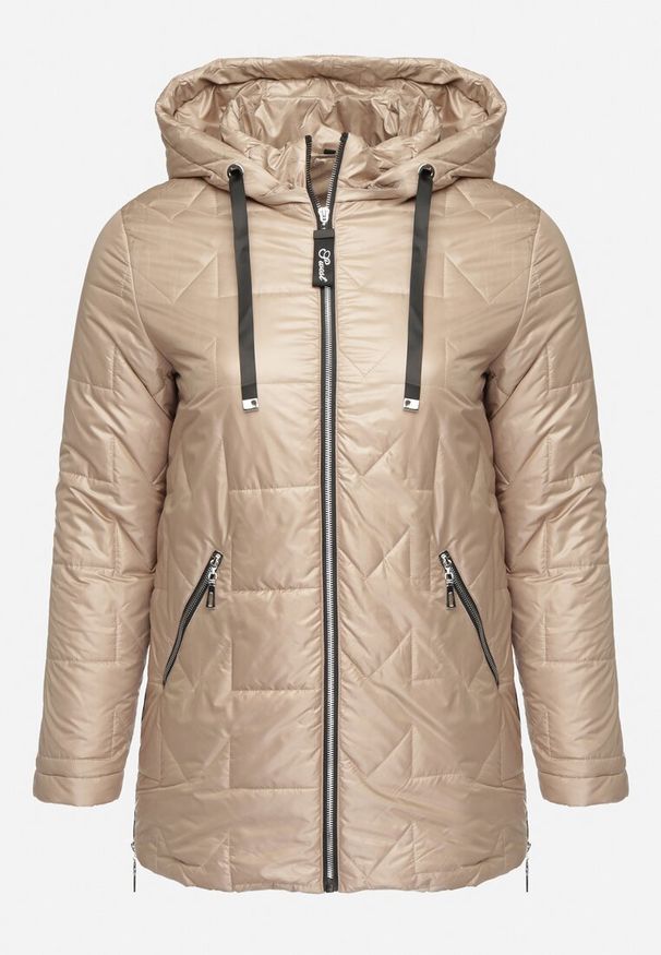 Born2be - Beżowa Pikowana Kurtka Ozdobiona Pikowaniem z Odpinanym Kapturem Falerosa. Okazja: na spacer, na co dzień. Kolekcja: plus size. Kolor: beżowy. Materiał: jeans. Wzór: aplikacja. Styl: casual