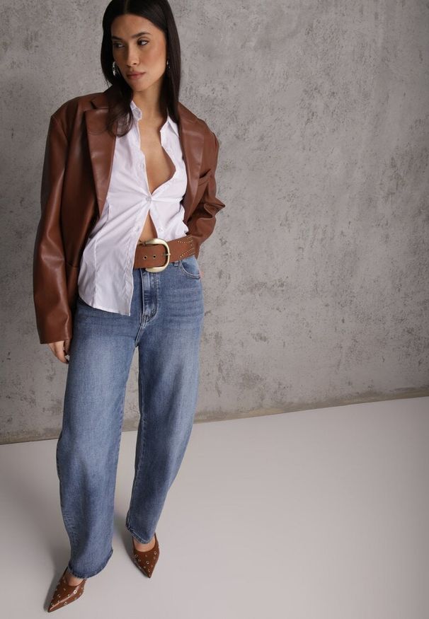 Renee - Granatowe Jeansy Barrel Leg High Waist z Bawełny Tinamist. Okazja: na co dzień. Stan: podwyższony. Kolor: niebieski. Styl: casual