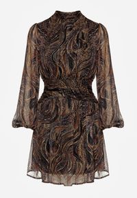 Renee - Czarno-Beżowa Taliowana Sukienka o Rozkloszowanym Kroju z Prześwitującymi Rękawami i Stójką Relabia. Okazja: na co dzień. Typ kołnierza: kołnierzyk stójkowy. Kolor: czarny. Typ sukienki: rozkloszowane. Styl: casual, klasyczny #7