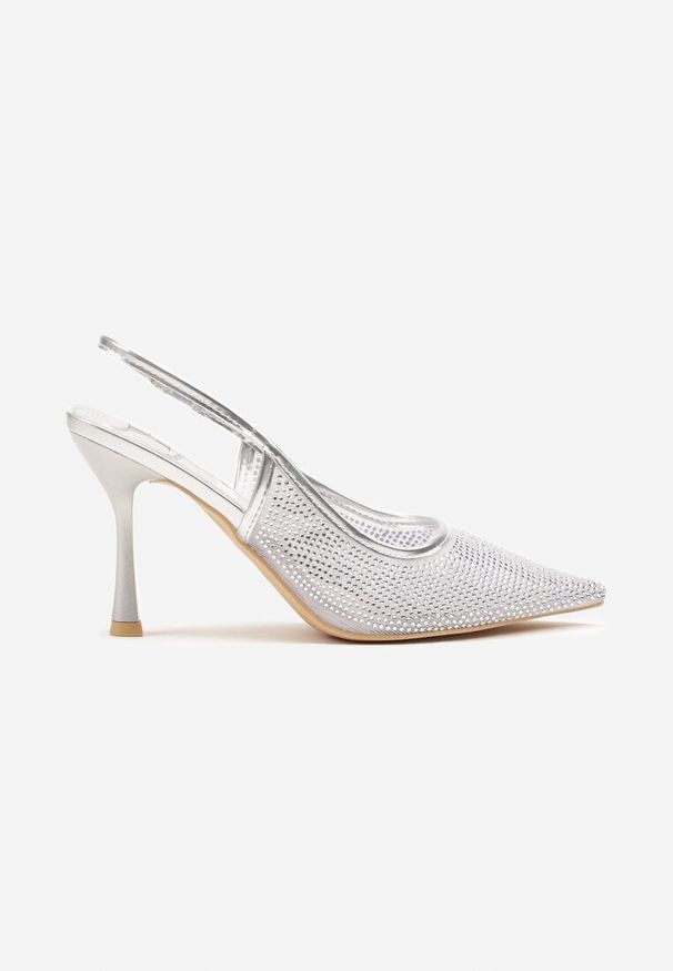 Renee - Srebrne Sandały Szpilki Slingback z Noskiem w Szpic Zdobione Cyrkoniami Zenvia. Okazja: na imprezę, do pracy, na spotkanie biznesowe. Kolor: srebrny. Wzór: aplikacja. Obcas: na szpilce. Styl: wizytowy, biznesowy