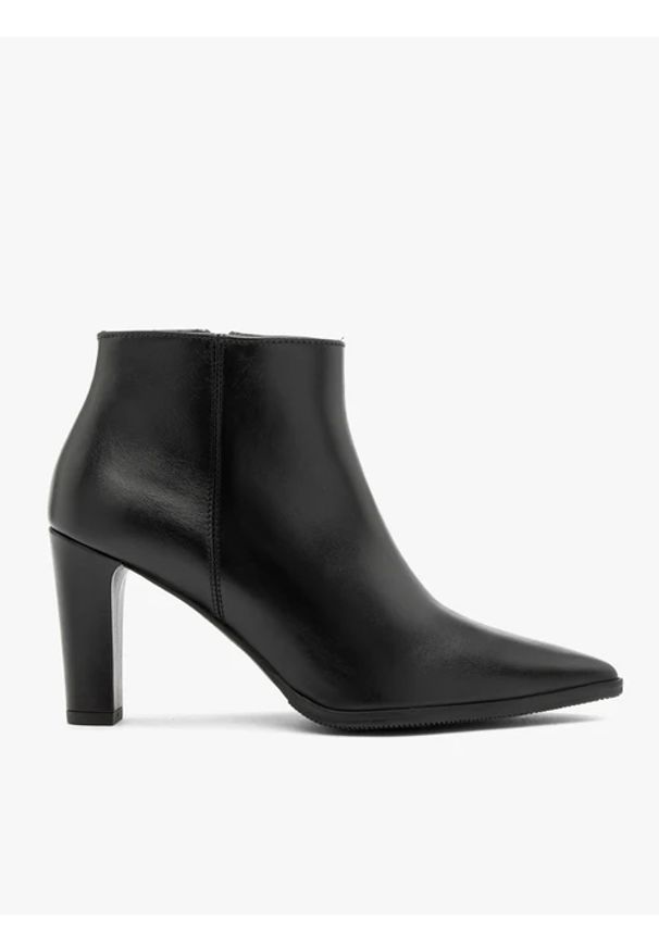 Ryłko - Czarne botki skórzane na słupku. Okazja: na spotkanie biznesowe, do pracy. Wysokość cholewki: za kostkę. Zapięcie: zamek. Kolor: czarny. Materiał: skóra. Szerokość cholewki: normalna. Obcas: na słupku. Styl: biznesowy, street