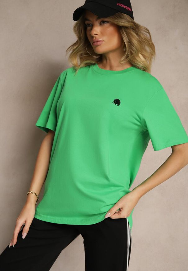 Renee - Zielona Bawełniana Koszulka T-shirt z Małym Słonikiem Laniriel. Okazja: na co dzień. Kolor: zielony. Materiał: bawełna. Styl: klasyczny, elegancki, casual