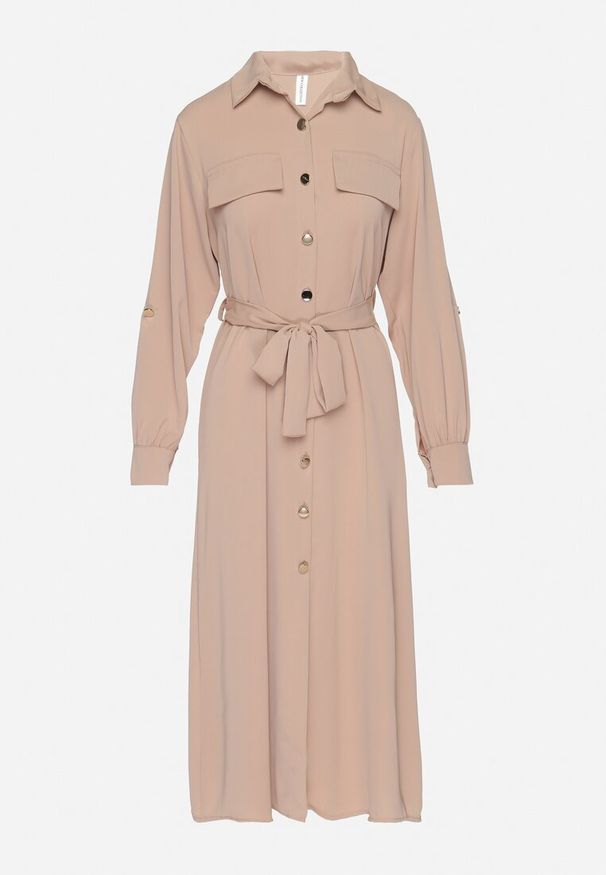 Born2be - Beżowa Koszulowa Sukienka z Podpinanymi Rękawami i Dodatkowym Wiązanym Paskiem Ivandria. Okazja: na co dzień. Kolor: beżowy. Typ sukienki: koszulowe. Styl: casual, klasyczny