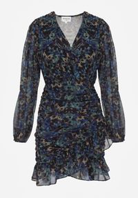 Renee - Czarno-Niebieska Kwiatowa Sukienka o Dopasowanym Kroju Ozdobiona Falbankami i Marszczeniem Mirilira. Okazja: na co dzień. Typ kołnierza: kołnierz z falbankami. Kolor: czarny. Materiał: zamsz. Wzór: kwiaty, aplikacja. Typ sukienki: dopasowane, proste. Styl: casual, elegancki #4