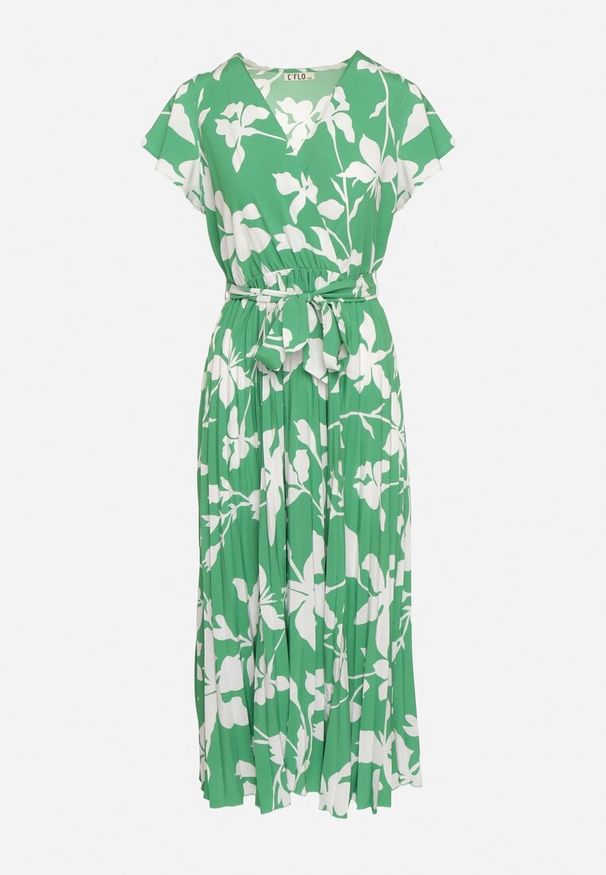 Born2be - Zielona Kopertowa Plisowana Sukienka z Gumką i Paskiem w Talii Denevia. Okazja: na co dzień. Kolor: zielony. Długość rękawa: krótki rękaw. Typ sukienki: kopertowe. Styl: casual