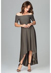Lenitif - Asymetryczna sukienka z odkrytymi ramionami oliwkowa. Kolor: oliwkowy. Materiał: tkanina. Wzór: gładki. Typ sukienki: asymetryczne, z odkrytymi ramionami. Styl: elegancki #2