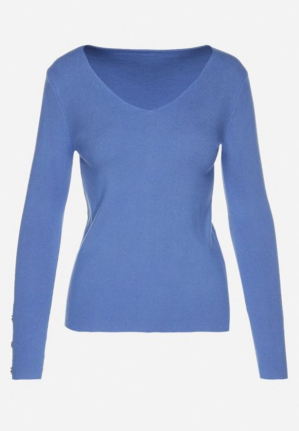 Born2be - Niebieski Sweter z Dekoltem V i Ozdobnymi Guzikami na Rękawach Atterisa. Okazja: na co dzień. Typ kołnierza: dekolt w kształcie V. Kolor: niebieski. Materiał: jeans. Długość rękawa: długi rękaw. Długość: długie. Wzór: aplikacja. Styl: casual
