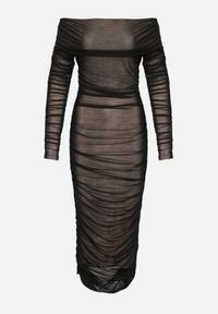 Born2be - Czarno-Beżowa Marszczona Sukienka Siateczkowa Hiszpanka z Wywiniętym Dekoltem Tinaveris. Typ kołnierza: dekolt hiszpanka. Kolor: czarny. Długość rękawa: długi rękaw. Sezon: lato. Styl: elegancki, klasyczny #4