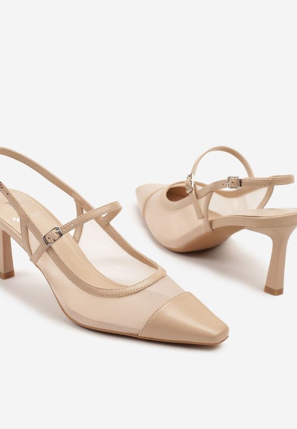 Renee - Beżowe Sandały na Szpilce Slingback z Transparentną Cholewką Eviralli. Nosek buta: szpiczasty. Zapięcie: sprzączka. Kolor: beżowy. Materiał: jeans. Obcas: na szpilce. Styl: klasyczny, elegancki, wizytowy. Wysokość obcasa: średni