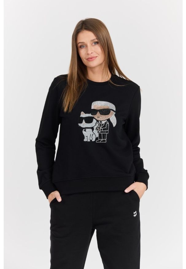 Karl Lagerfeld - KARL LAGERFELD Czarna damska bluza z cyrkoniami Ikonik 2.0, Rozmiar XS. Kolor: czarny. Materiał: materiał. Wzór: aplikacja. Styl: elegancki