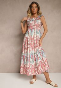 Renee - Różowa Sukienka Rozkloszowana Wiskozowa Wiązana na Plecach we Wzór Boho Turieza. Okazja: na co dzień. Kolor: różowy. Materiał: wiskoza. Typ sukienki: proste. Styl: boho #5